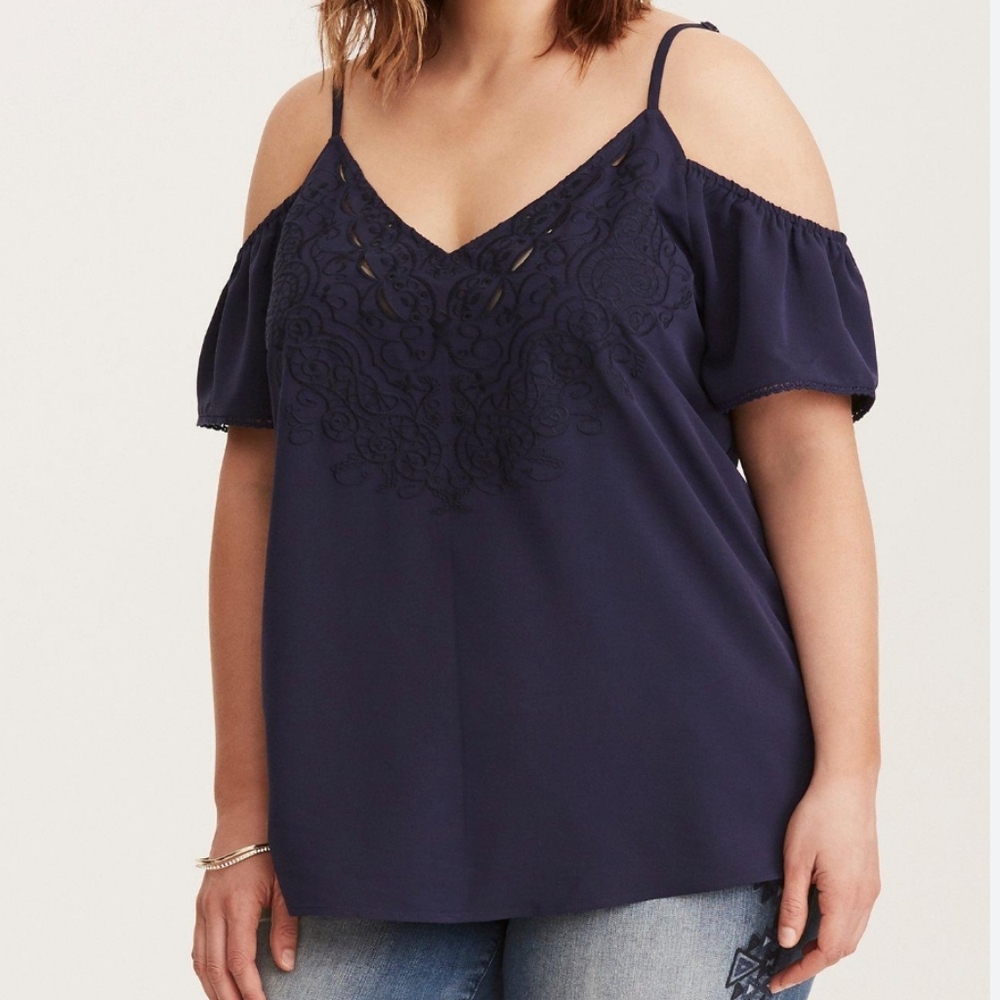 Torrid Women's Navy Blue Embroidered Cold Shoulder Blouse, Size 3